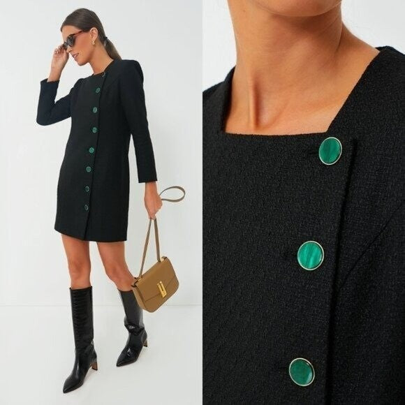Pomander Place NEW Black Tweed Retro Winslet Green Button Mini Dress Size XXL
